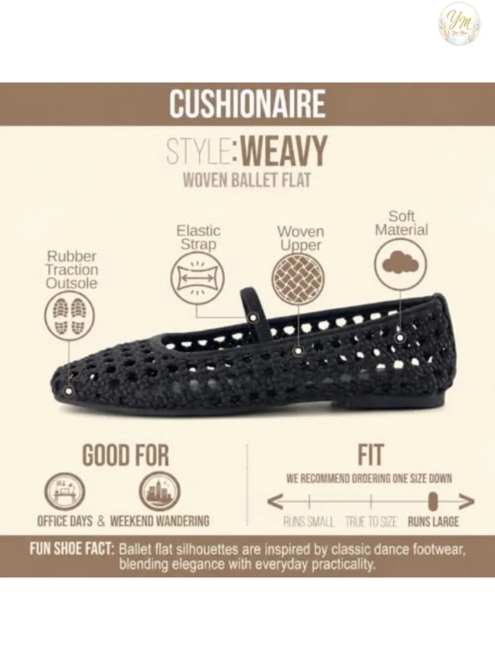 Woven Ballet Flats for Women Square Toe Mary Jane with Elastic Strap Memory Foam